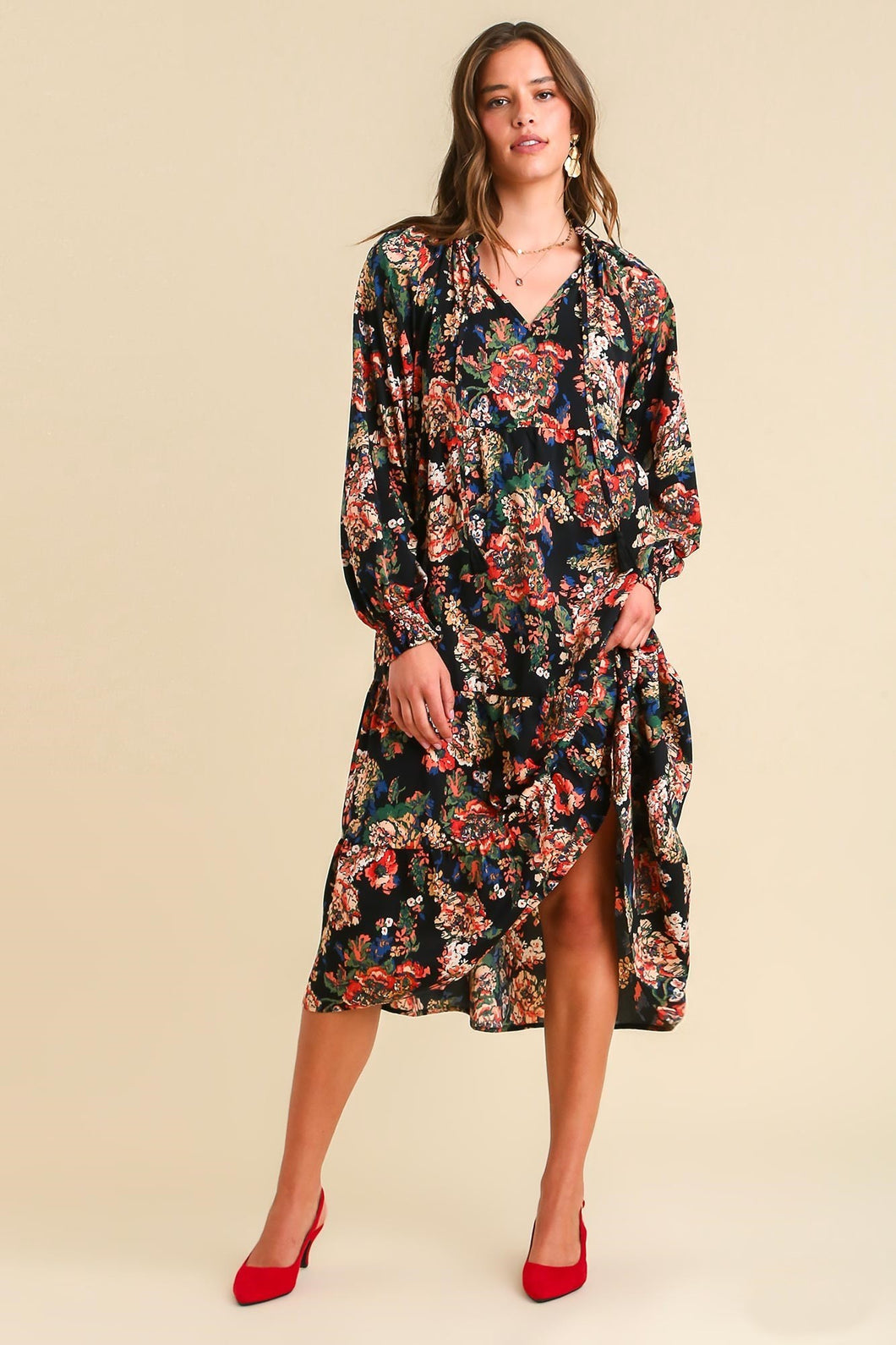 Umgee Floral Print Maxi Dress with Tassel Detail in Black Dresses Umgee   