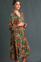 Load image into Gallery viewer, Umgee Floral Print Maxi Dress with Tassel Detail in Hunter Green Dresses Umgee   
