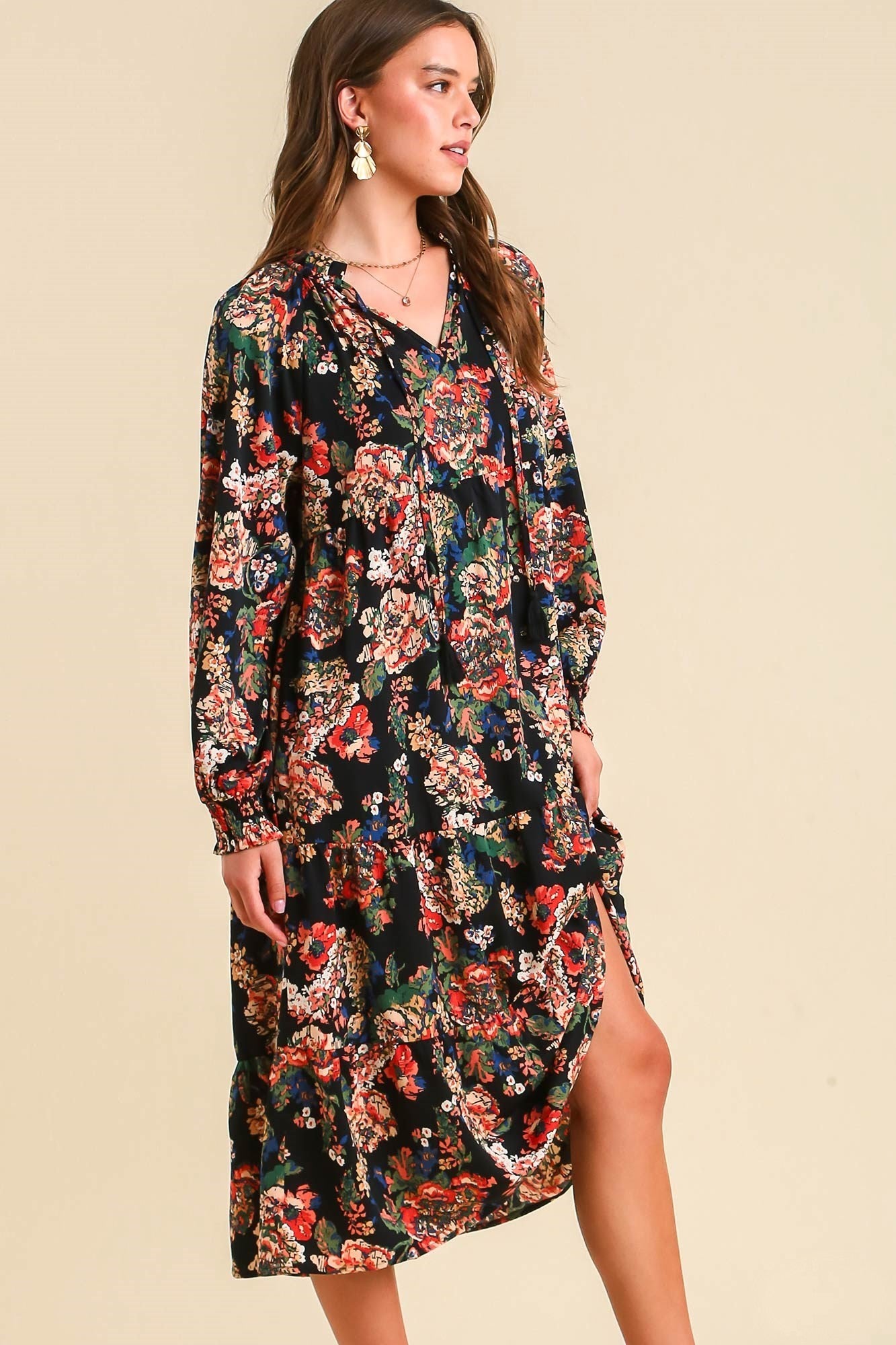 Umgee Floral Print Maxi Dress with Tassel Detail in Black – June Adel