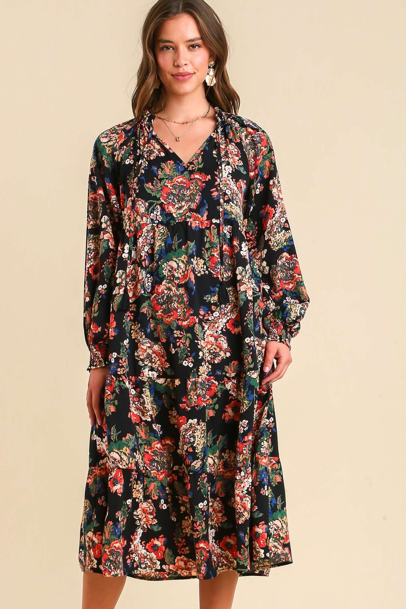 Umgee Floral Print Maxi Dress with Tassel Detail in Black – June Adel