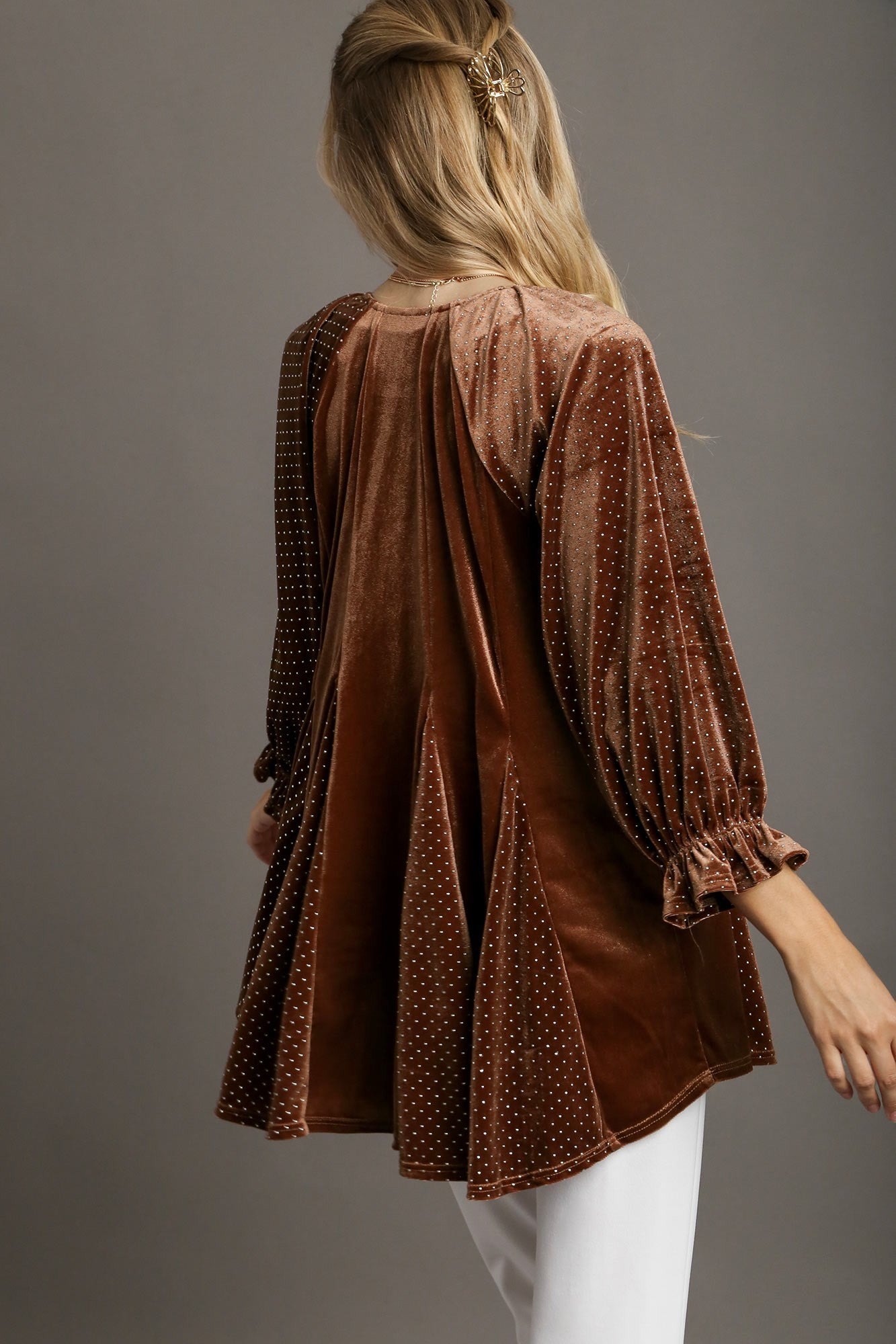 Umgee Velvet Top with Small Stud Details in Brown