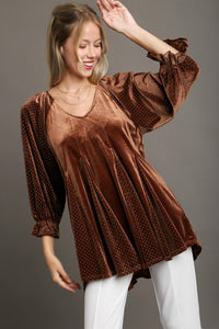 Umgee Velvet Top with Small Stud Details in Brown Shirts & Tops Umgee   