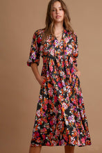 Load image into Gallery viewer, Umgee Black Satin Floral Midi Dress Dress Umgee   
