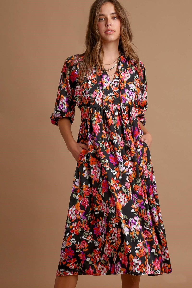 Umgee Black Satin Floral Midi Dress – June Adel