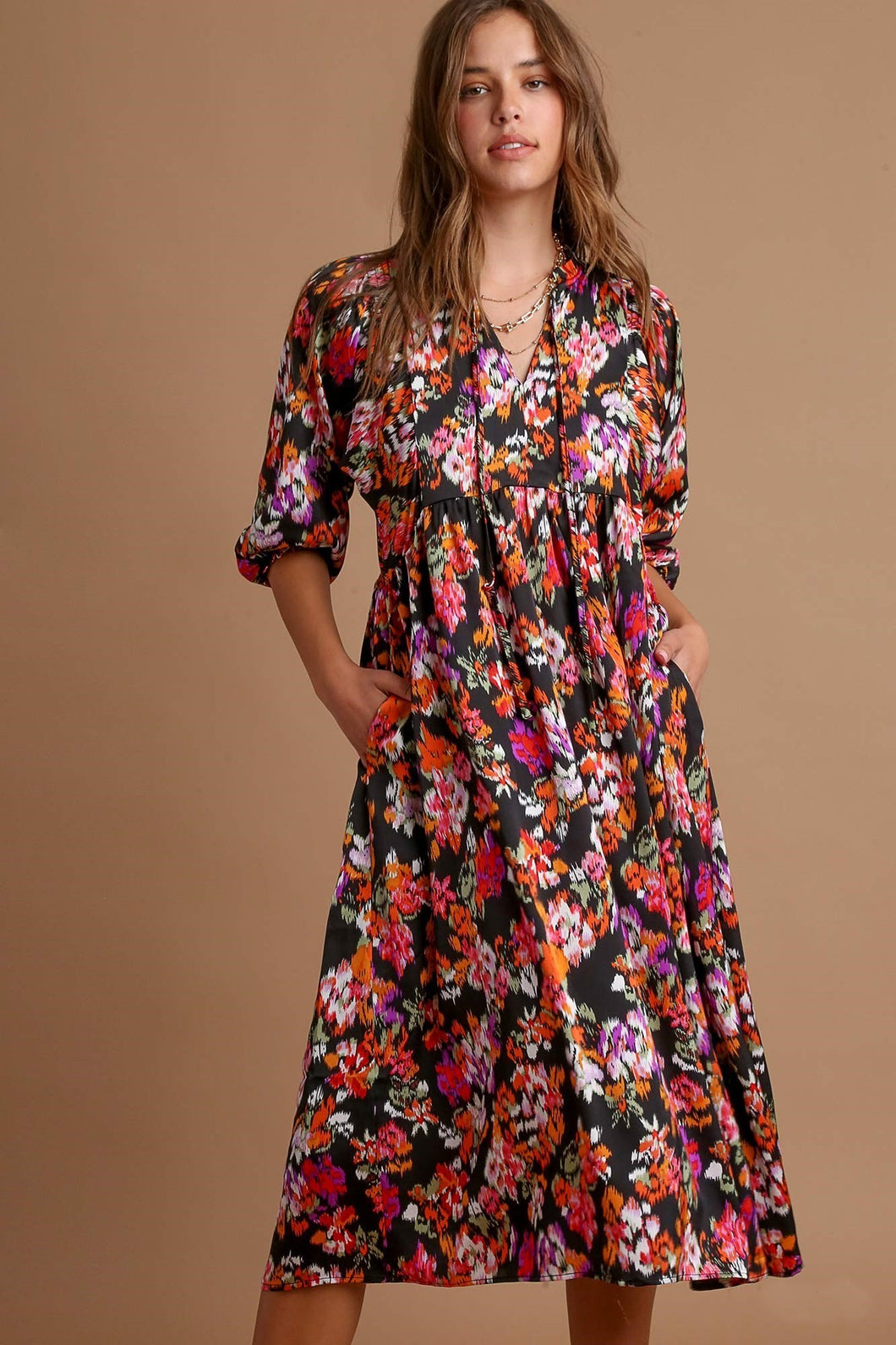 Umgee Black Satin Floral Midi Dress Dress Umgee   