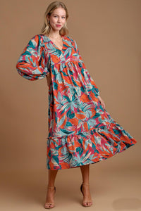 Umgee Mixed Print Long Sleeve Tiered Dress in Magenta Dress Umgee   