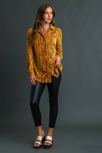 Umgee Velvet Printed Button Down Top in Mustard Shirts & Tops Umgee   