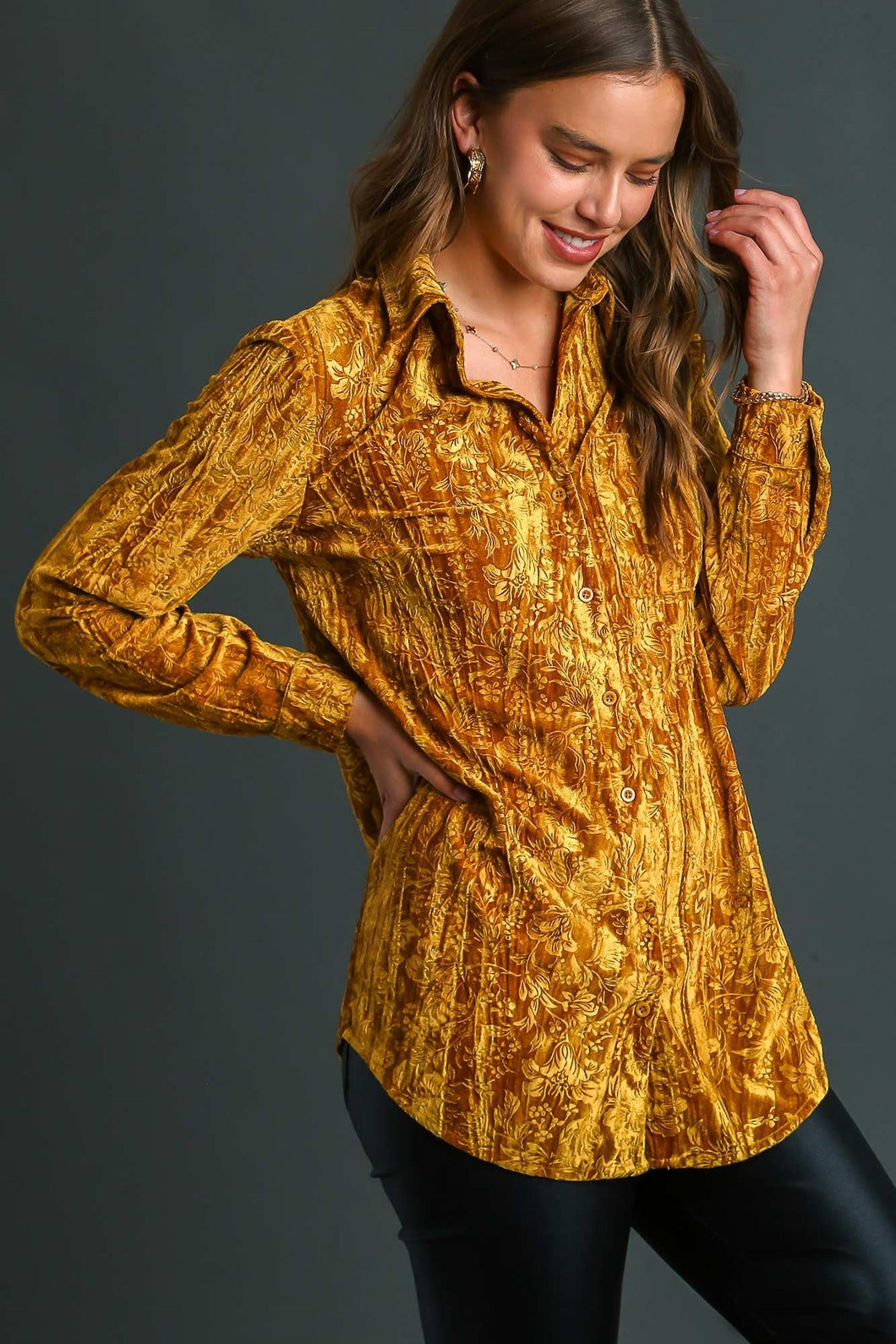 Umgee Velvet Printed Button Down Top in Mustard Shirts & Tops Umgee   