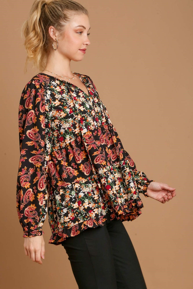 Umgee Mixed Floral and Paisley Print Top in Black Mix – June Adel