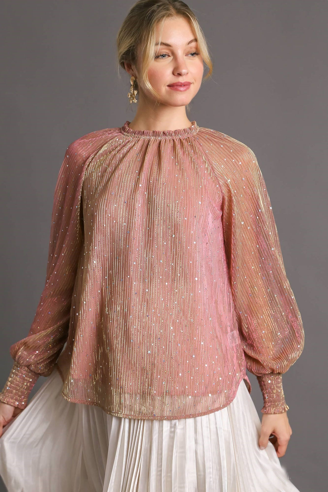 Umgee Pleated Shimmer Top in Mauve Shirts & Tops Umgee   