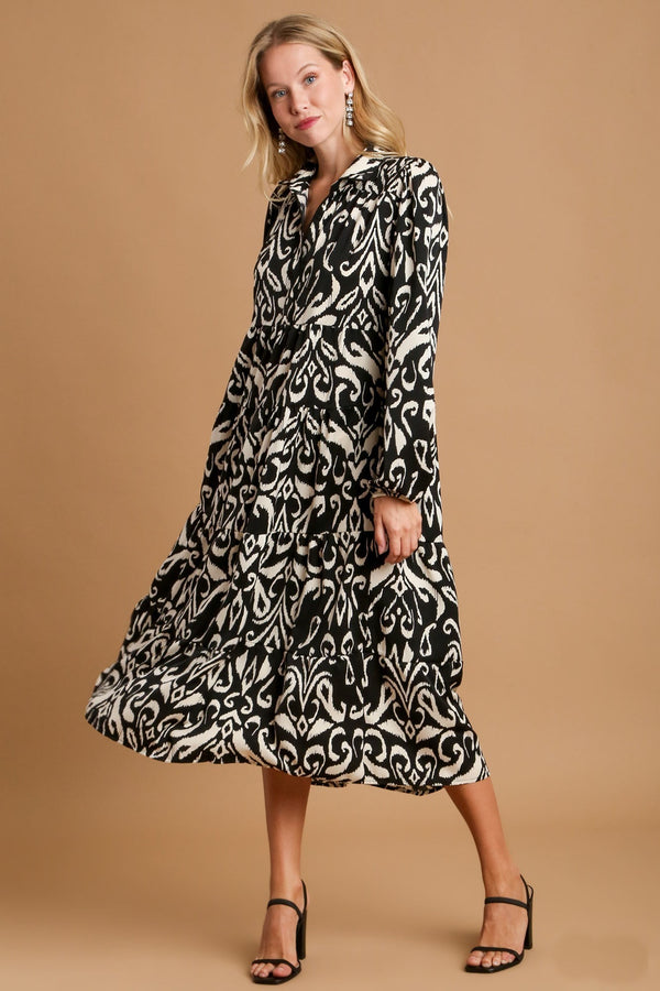 Umgee Printed Tiered Maxi Dress in Black Dress Umgee   
