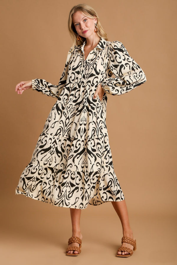 Umgee Printed Tiered Maxi Dress in Cream Dress Umgee   