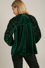 Load image into Gallery viewer, Umgee Velvet Top with Faux Button and Sequin Sleeves in Hunter Green Shirts &amp; Tops Umgee   
