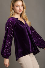 Load image into Gallery viewer, Umgee Velvet Top with Faux Button and Sequin Sleeves in Eggplant Shirts &amp; Tops Umgee   
