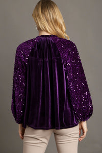 Umgee Velvet Top with Faux Button and Sequin Sleeves in Eggplant Shirts & Tops Umgee   