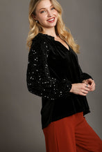 Load image into Gallery viewer, Umgee Velvet Top with Faux Button and Sequin Sleeves in Black Shirts &amp; Tops Umgee   
