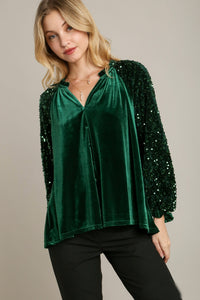 Umgee Velvet Top with Faux Button and Sequin Sleeves in Hunter Green Shirts & Tops Umgee   