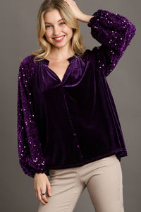 Umgee Velvet Top with Faux Button and Sequin Sleeves in Eggplant Shirts & Tops Umgee   