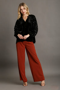 Umgee Velvet Top with Faux Button and Sequin Sleeves in Black Shirts & Tops Umgee   