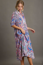 Load image into Gallery viewer, Umgee Satin Paisley Print A-Line Midi Dress in Blue Dresses Umgee   
