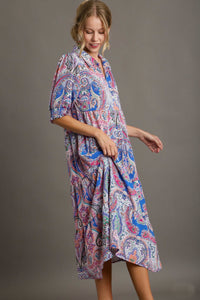 Umgee Satin Paisley Print A-Line Midi Dress in Blue Dresses Umgee   
