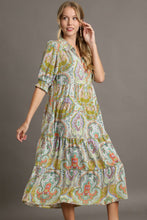 Load image into Gallery viewer, Umgee Satin Paisley Print A-Line Midi Dress in Lime Dresses Umgee   
