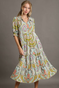 Umgee Satin Paisley Print A-Line Midi Dress in Lime Dresses Umgee   