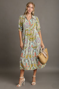 Umgee Satin Paisley Print A-Line Midi Dress in Lime Dresses Umgee   