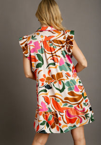Umgee Satin Mixed Print Tiered Dress in Cream Mix Dress Umgee   