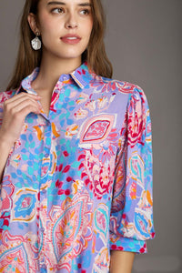 Umgee Mixed Print Button Down A-Line Shirt in Lavender Mix Shirts & Tops Umgee   
