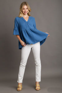 Umgee Cotton Gauze Babydoll Top in Denim Blue Shirts & Tops Umgee   