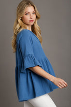 Load image into Gallery viewer, Umgee Cotton Gauze Babydoll Top in Denim Blue Shirts &amp; Tops Umgee   
