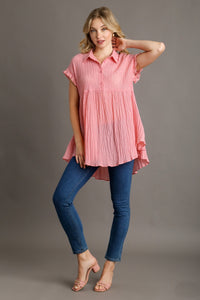 Umgee Solid Color Textured Fabric Babydoll Tunic Top in Pink Shirts & Tops Umgee   