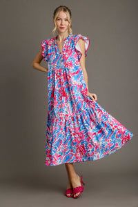 Umgee Abstract Print Tiered Midi Dress in Pink Mix Dress Umgee   