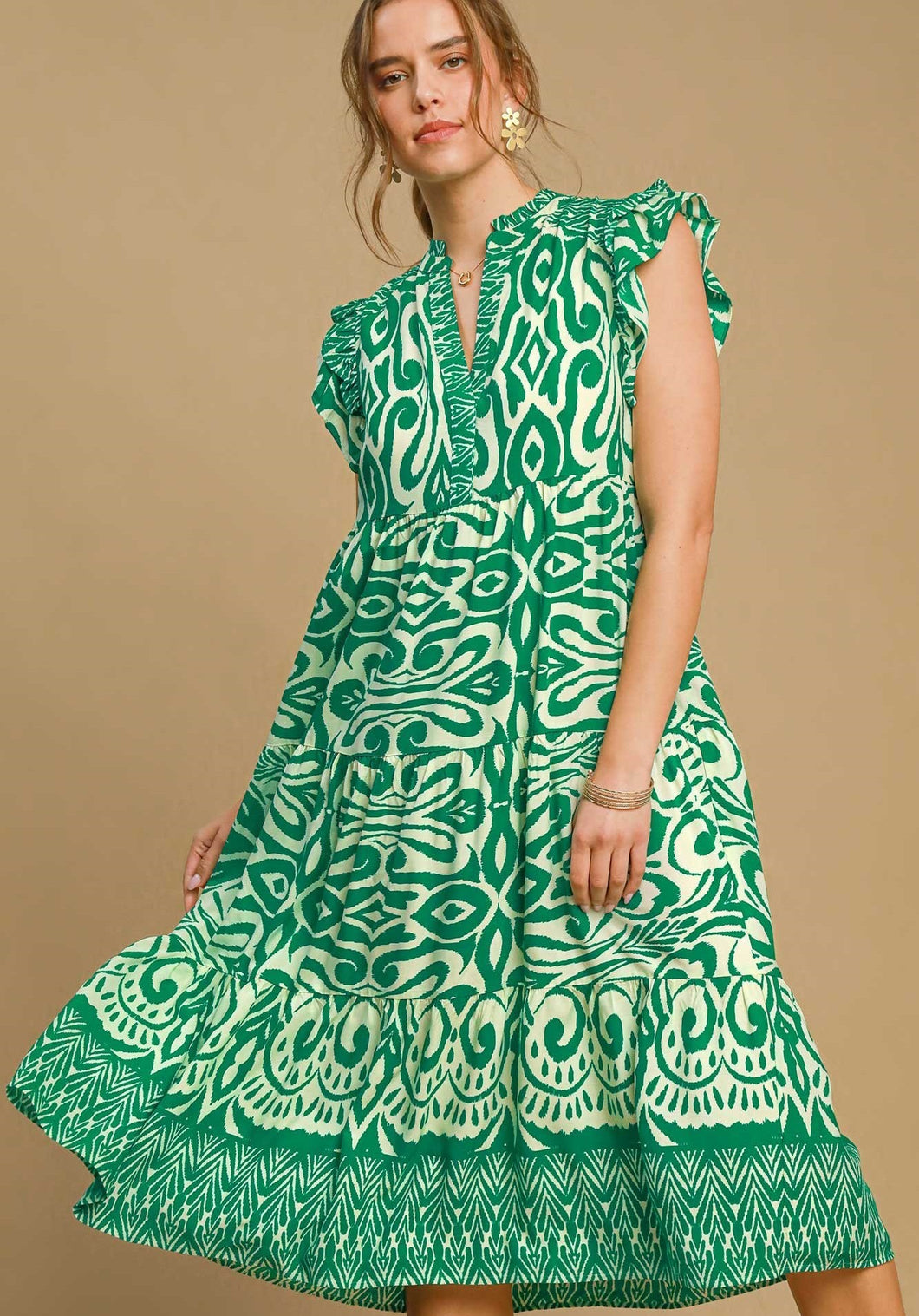 Umgee A-Line Two Toned Border Print Midi Dress in Green