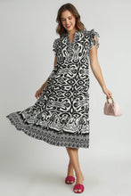 Load image into Gallery viewer, Umgee A-Line Two Toned Border Print Midi Dress in Black Dresses Umgee   
