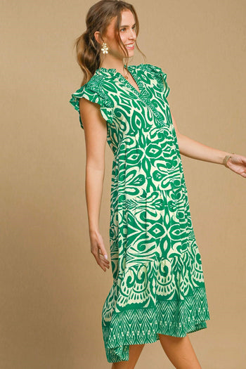 Umgee A-Line Two Toned Border Print Midi Dress in Green