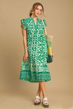 Load image into Gallery viewer, Umgee A-Line Two Toned Border Print Midi Dress in Green
