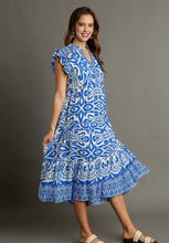 Load image into Gallery viewer, Umgee A-Line Two Toned Border Print Midi Dress in Blue Dresses Umgee   
