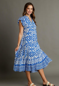 Umgee A-Line Two Toned Border Print Midi Dress in Blue Dresses Umgee   