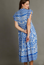 Load image into Gallery viewer, Umgee A-Line Two Toned Border Print Midi Dress in Blue Dresses Umgee   
