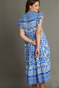 Umgee A-Line Two Toned Border Print Midi Dress in Blue Dresses Umgee   