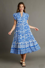 Load image into Gallery viewer, Umgee A-Line Two Toned Border Print Midi Dress in Blue Dresses Umgee   
