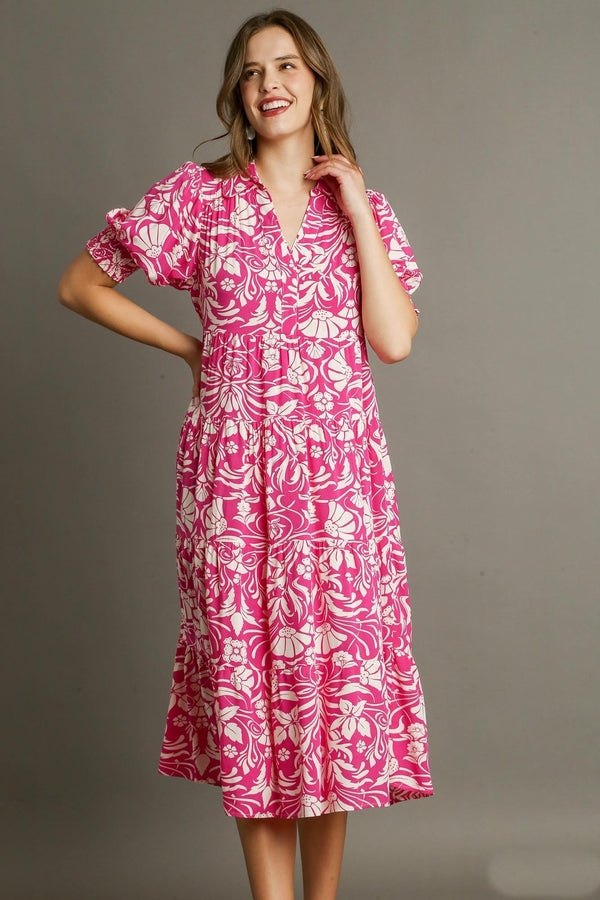 Umgee Two Tone Floral Tiered A-Line Midi Dress in Hot Pink ON ORDER Dress Umgee   