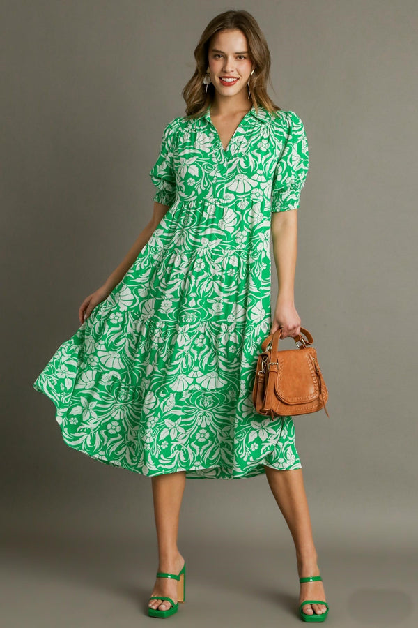 Umgee Two Tone Floral Tiered A-Line Midi Dress in Green ON ORDER Dresses Umgee   