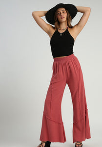 Umgee Linen Blend Wide Leg Pants with Frayed Details in Rose Clay