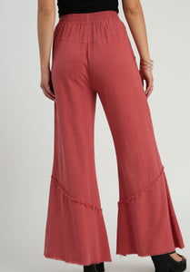 Umgee Linen Blend Wide Leg Pants with Frayed Details in Rose Clay