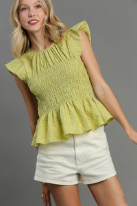 Umgee Textured Fabric Smocked Peplum Top in Lime Shirts & Tops Umgee   