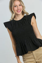Load image into Gallery viewer, Umgee Textured Fabric Smocked Peplum Top in Black Shirts &amp; Tops Umgee   
