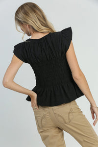Umgee Textured Fabric Smocked Peplum Top in Black Shirts & Tops Umgee   